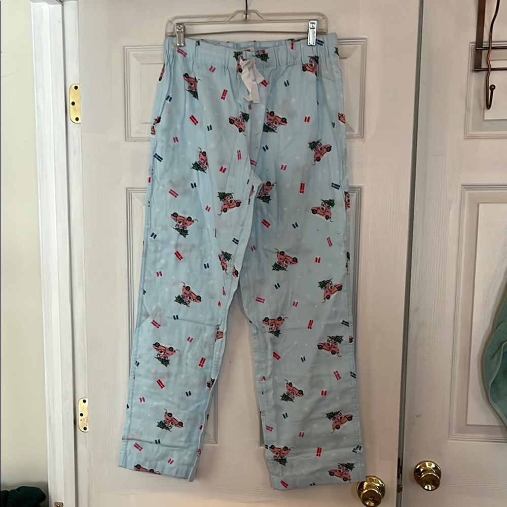 J. Crew  flannel blue Pajama Pants with dog in pink car  Print